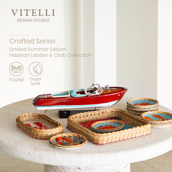 Hazeran Lobster & Crab El İşlemeli Rattan Detaylı Dekoratif Tepsi – Limited Summer Edition