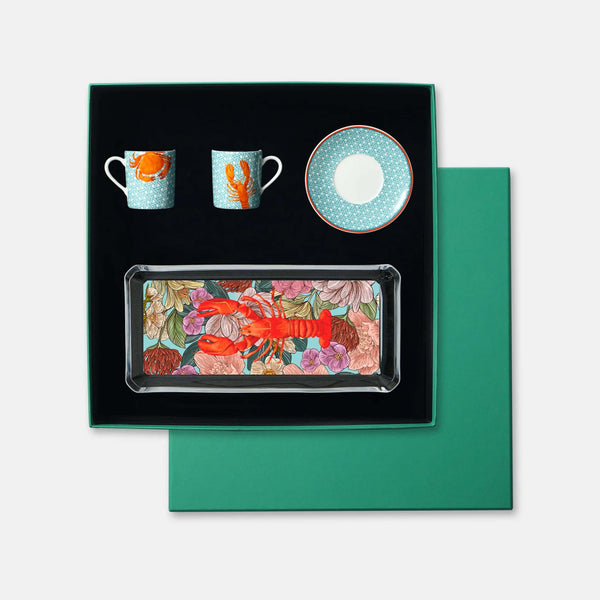 Hazeran Lobster & Crab Set 4 | Türk Kahvesi Fincanı ve Cam Tabak Seti - Vitelli Design