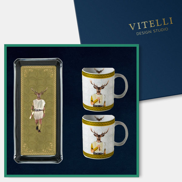 Deer Roman Cam Tabaklı Kahve Kupası Set