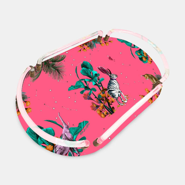 Wonderland Pembe Tavşan Oval Akrilik Tepsi